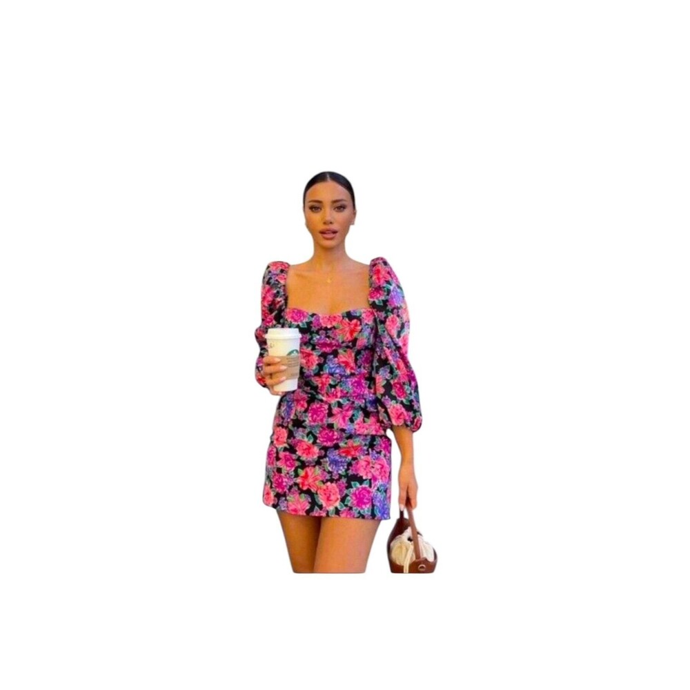 ZARA Floral Puff Sleeve Mini Dress Belted Black Pink XS
